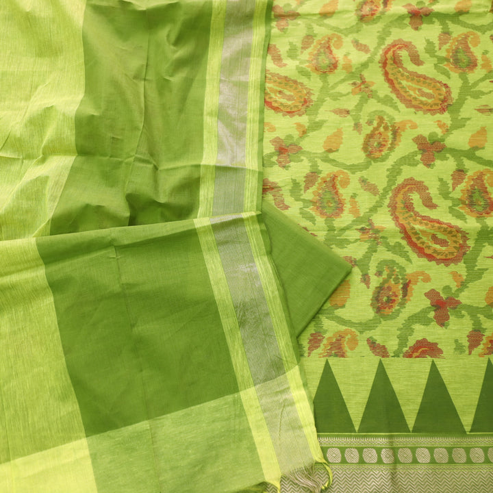 Hayaat Parrot Green Print with Mangalgiri Hem South Cotton Suit Set