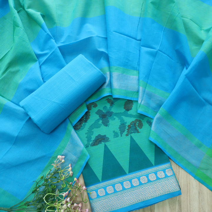 Hayaat Aqua Teal Print with Mangalgiri Hem South Cotton Suit Set