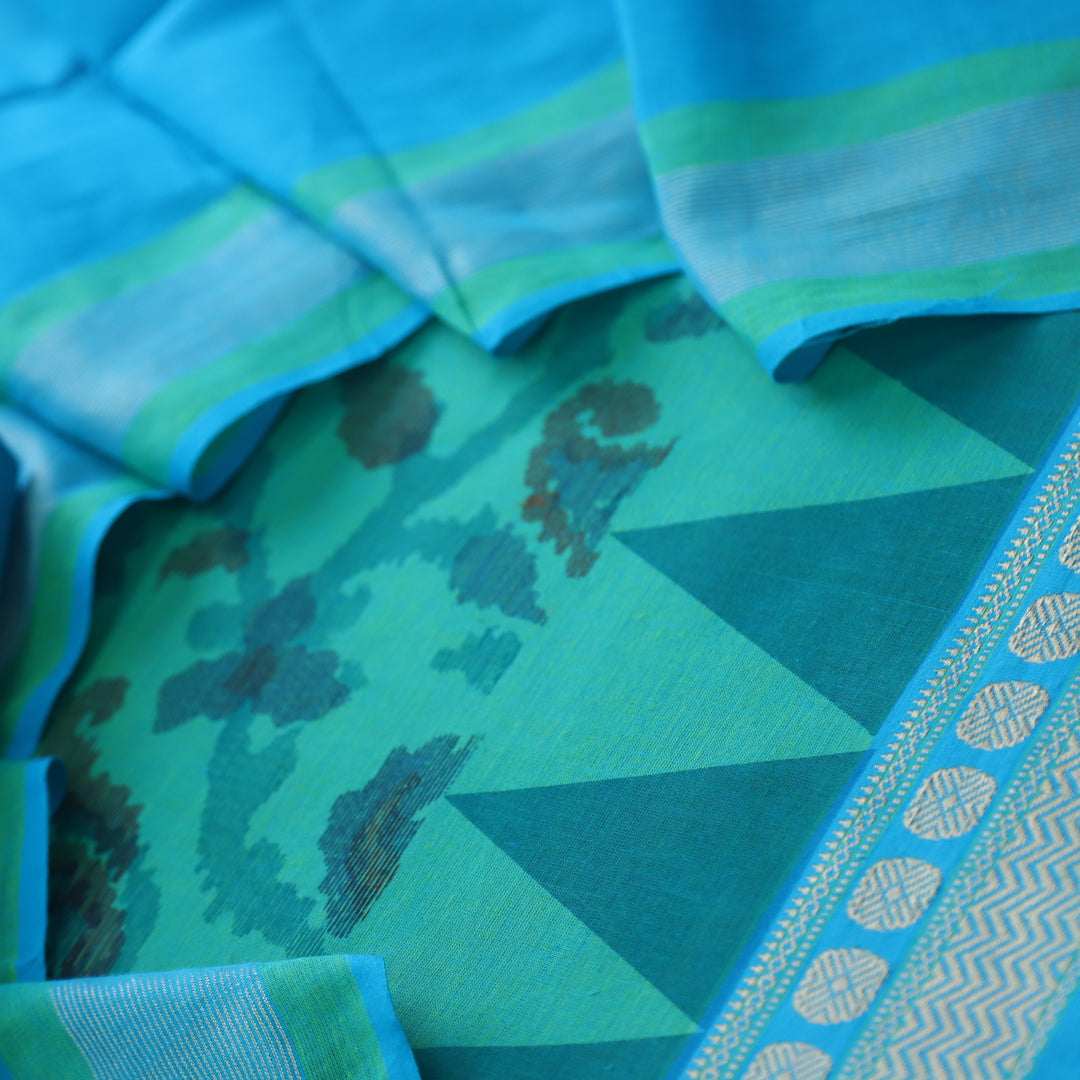 Hayaat Aqua Teal Print with Mangalgiri Hem South Cotton Suit Set