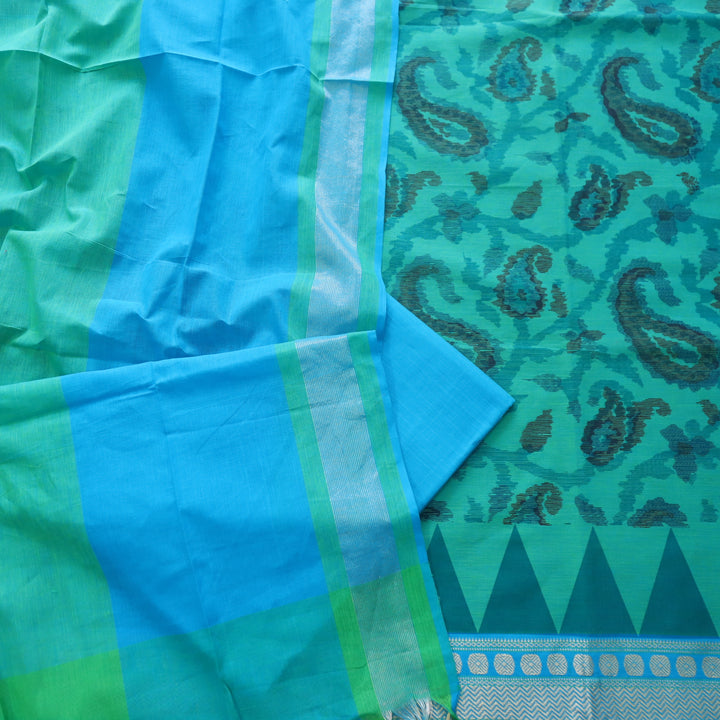 Hayaat Aqua Teal Print with Mangalgiri Hem South Cotton Suit Set