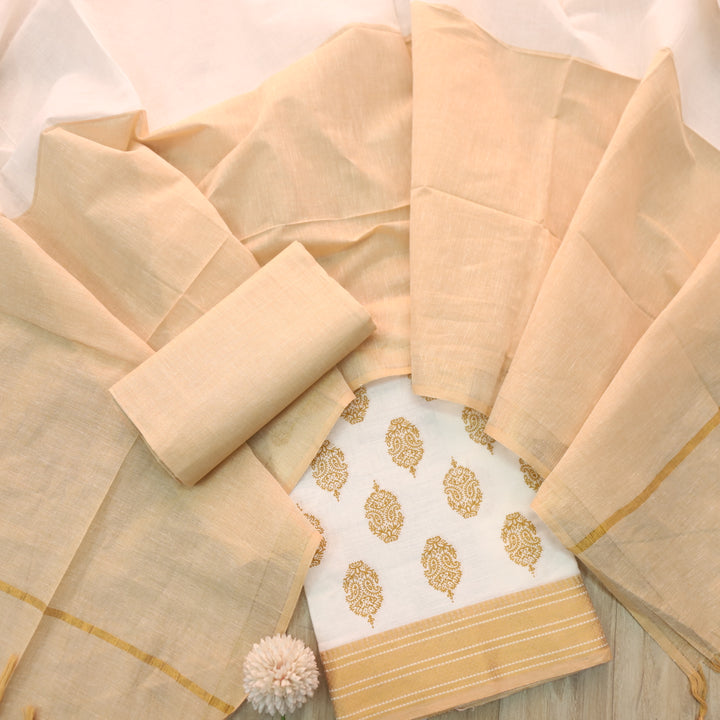 Falaq Cream White with Mustard Print Work South Cotton Suit Set D1