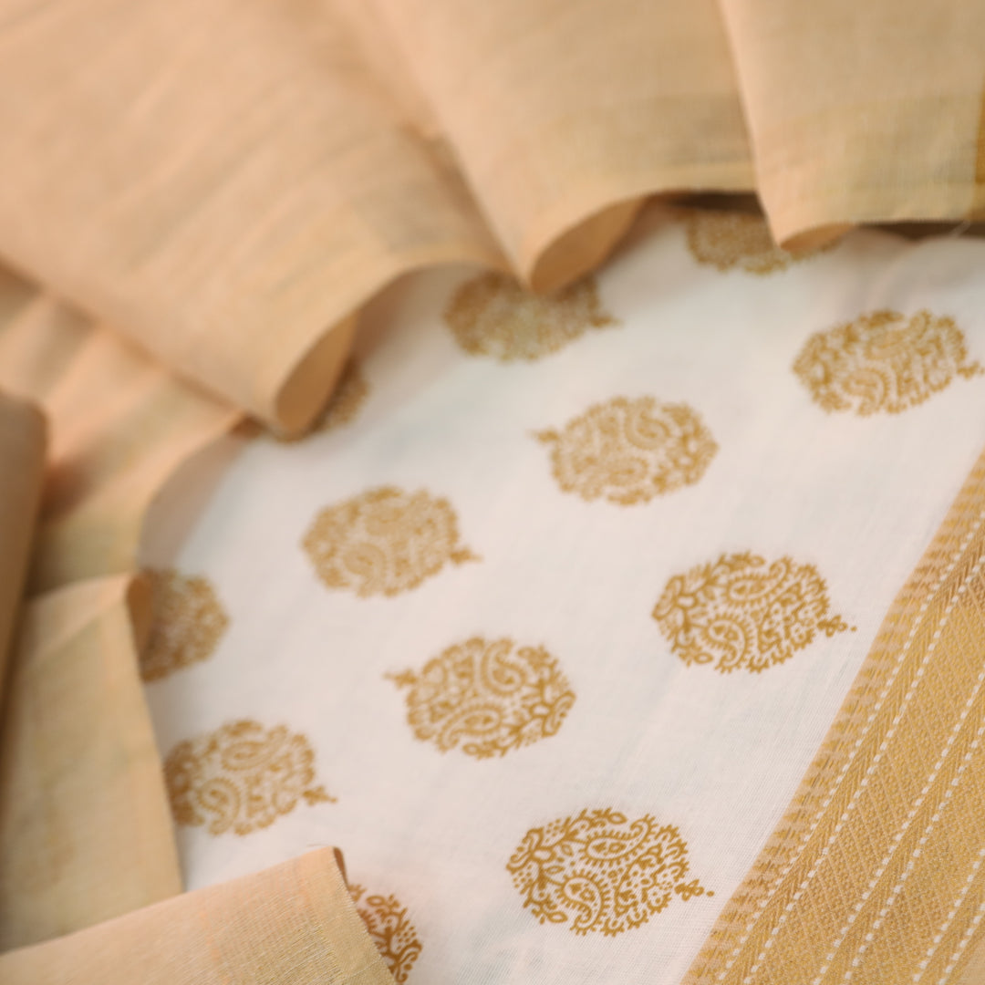 Falaq Cream White with Mustard Print Work South Cotton Suit Set D1