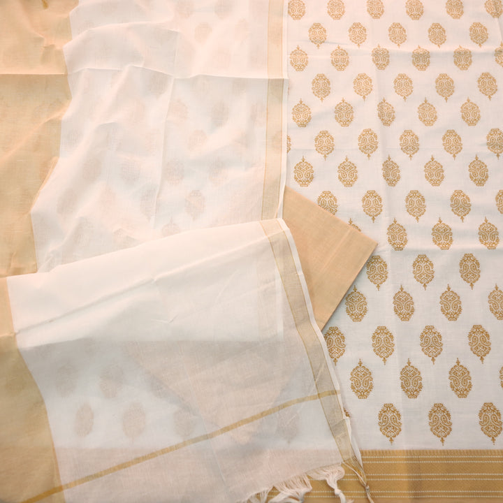Falaq Cream White with Mustard Print Work South Cotton Suit Set D1