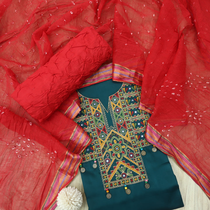 Hairat Sapphire Teal Thread Embroidered Neck Work Jam Cotton Suit Set