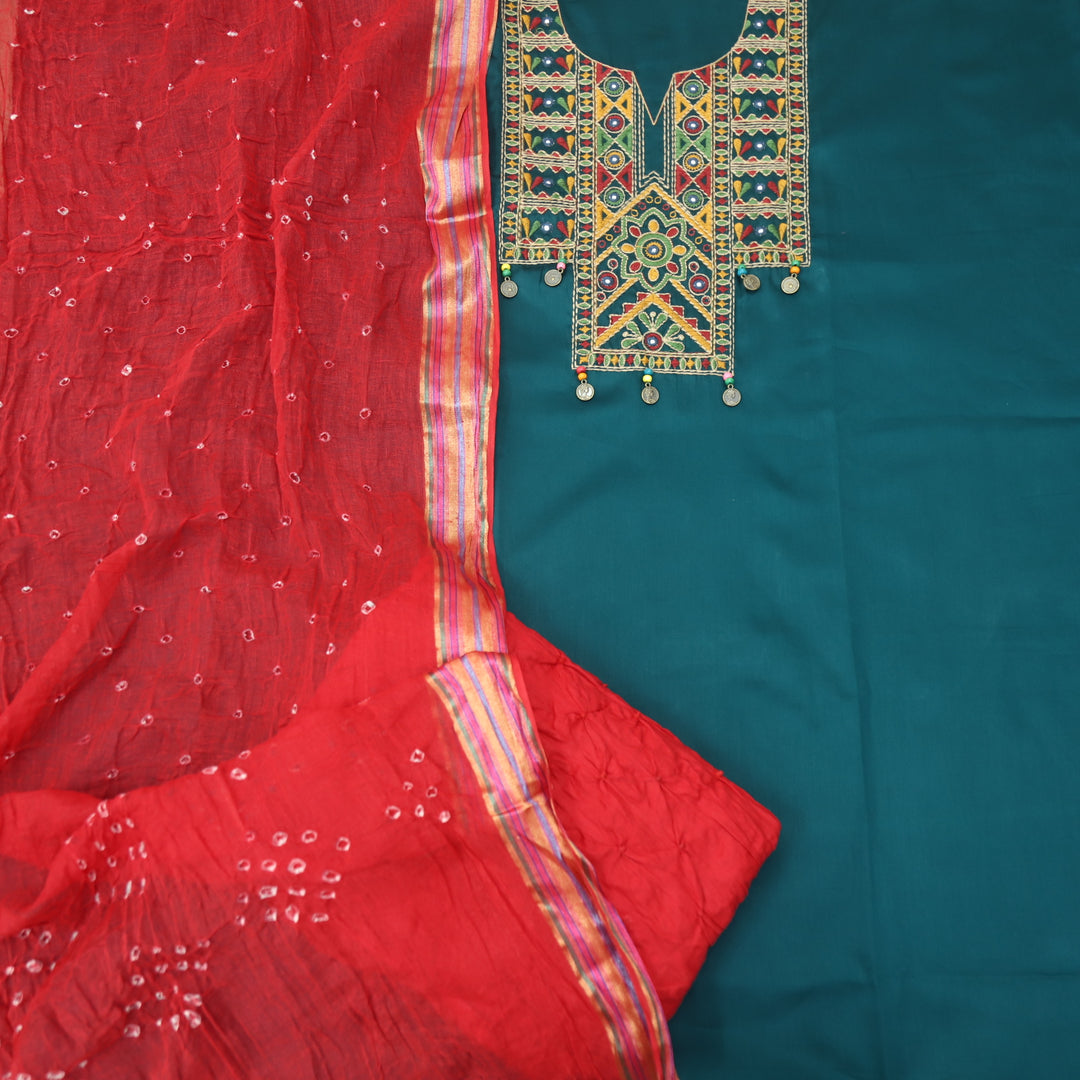 Hairat Sapphire Teal Thread Embroidered Neck Work Jam Cotton Suit Set
