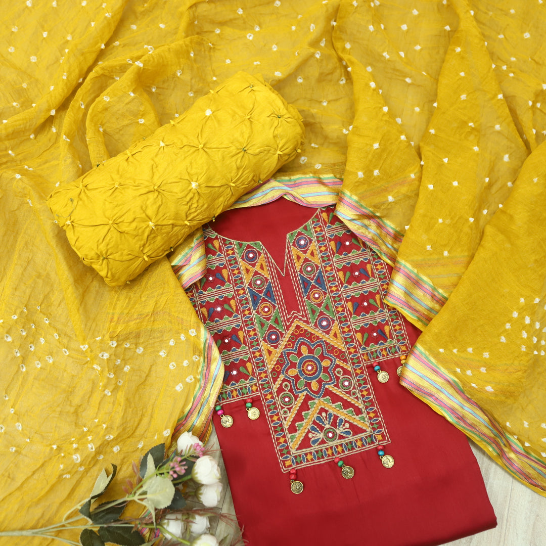 Hairat Apple Red Thread Embroidered Neck Work Jam Cotton Suit Set