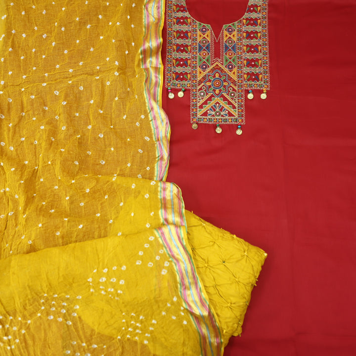 Hairat Apple Red Thread Embroidered Neck Work Jam Cotton Suit Set