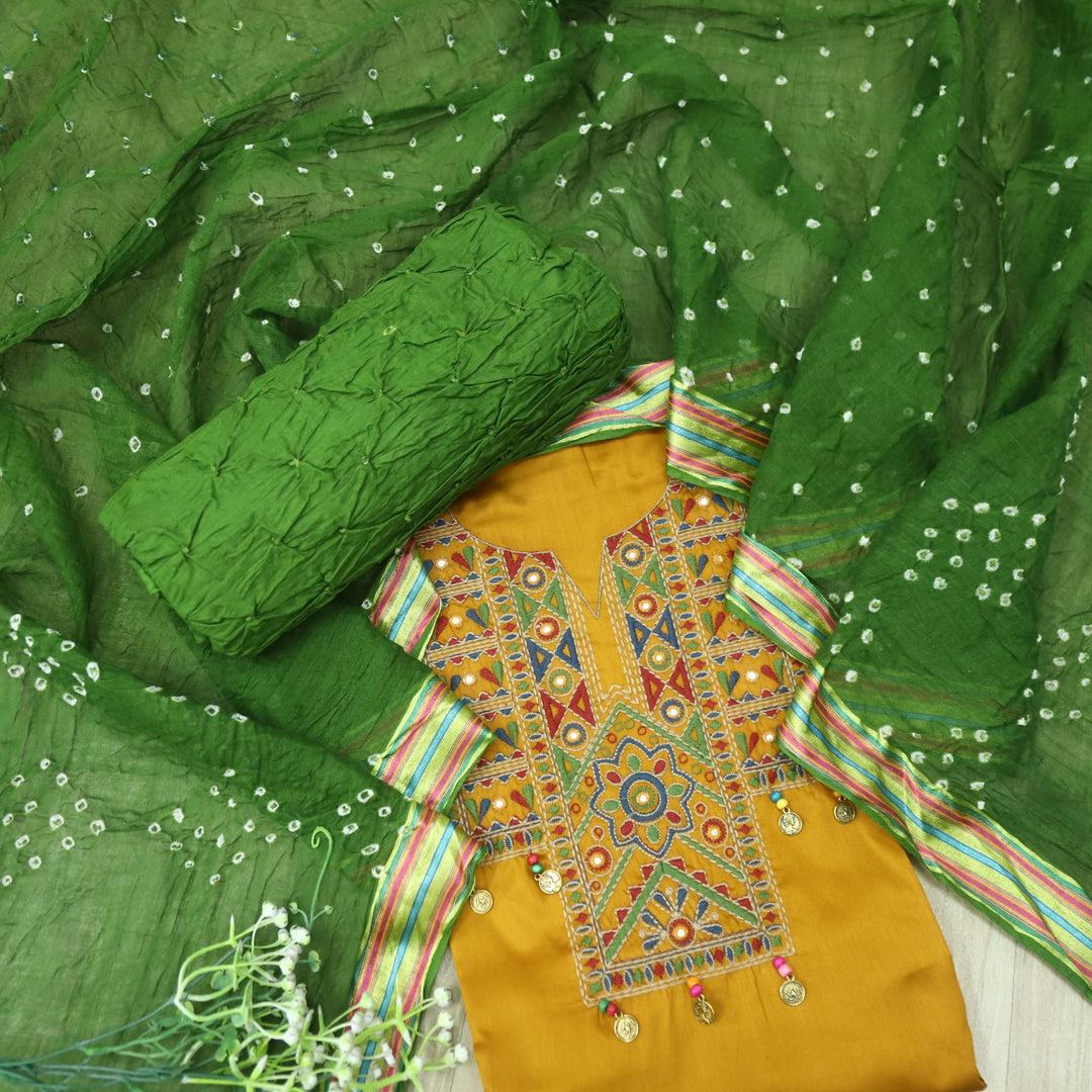 Hairat Canary Yellow Thread Embroidered Neck Work Jam Cotton Suit Set