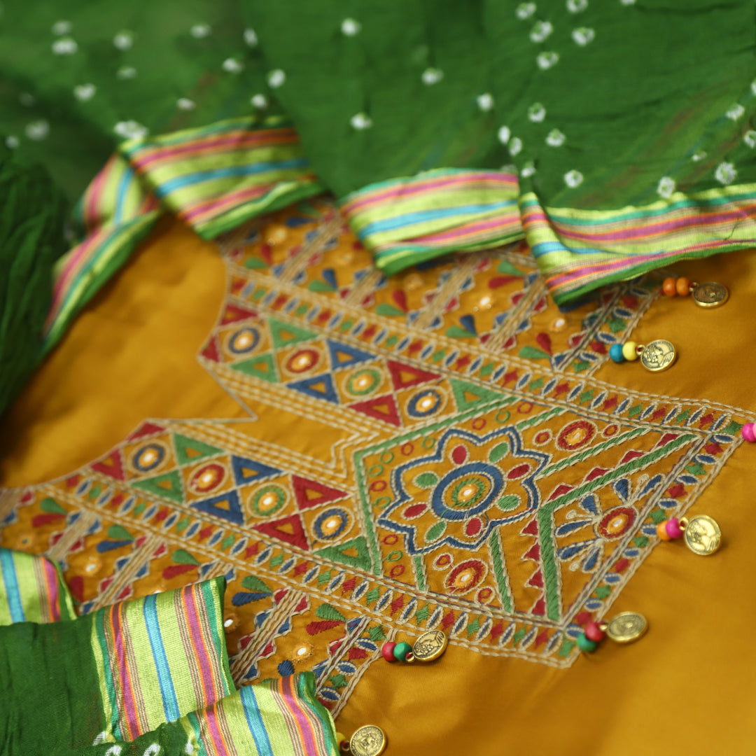 Hairat Canary Yellow Thread Embroidered Neck Work Jam Cotton Suit Set
