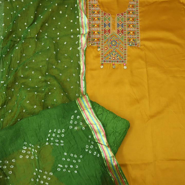 Hairat Canary Yellow Thread Embroidered Neck Work Jam Cotton Suit Set