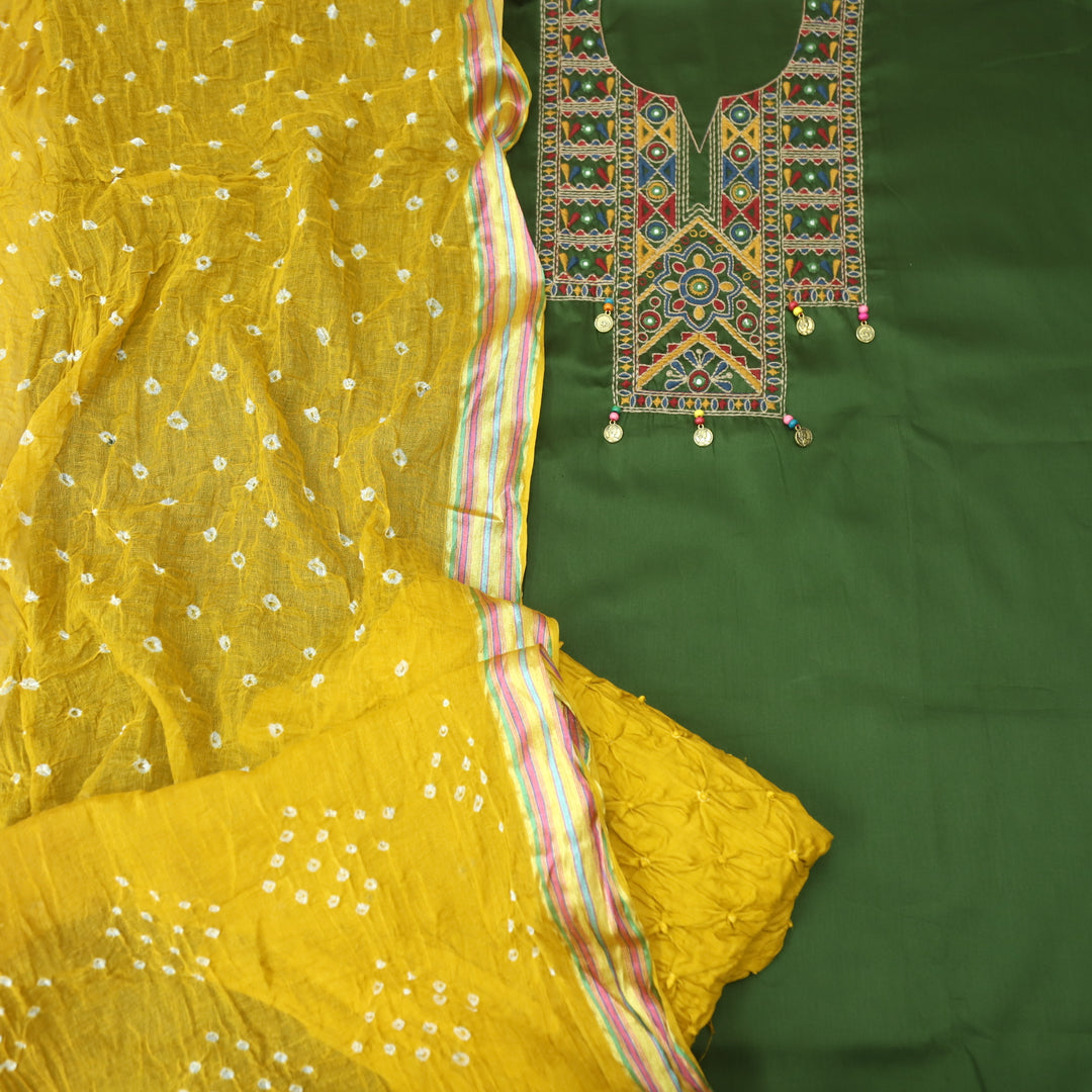 Hairat Grass Green Thread Embroidered Neck Work Jam Cotton Suit Set