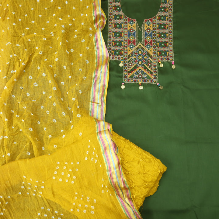 Hairat Grass Green Thread Embroidered Neck Work Jam Cotton Suit Set