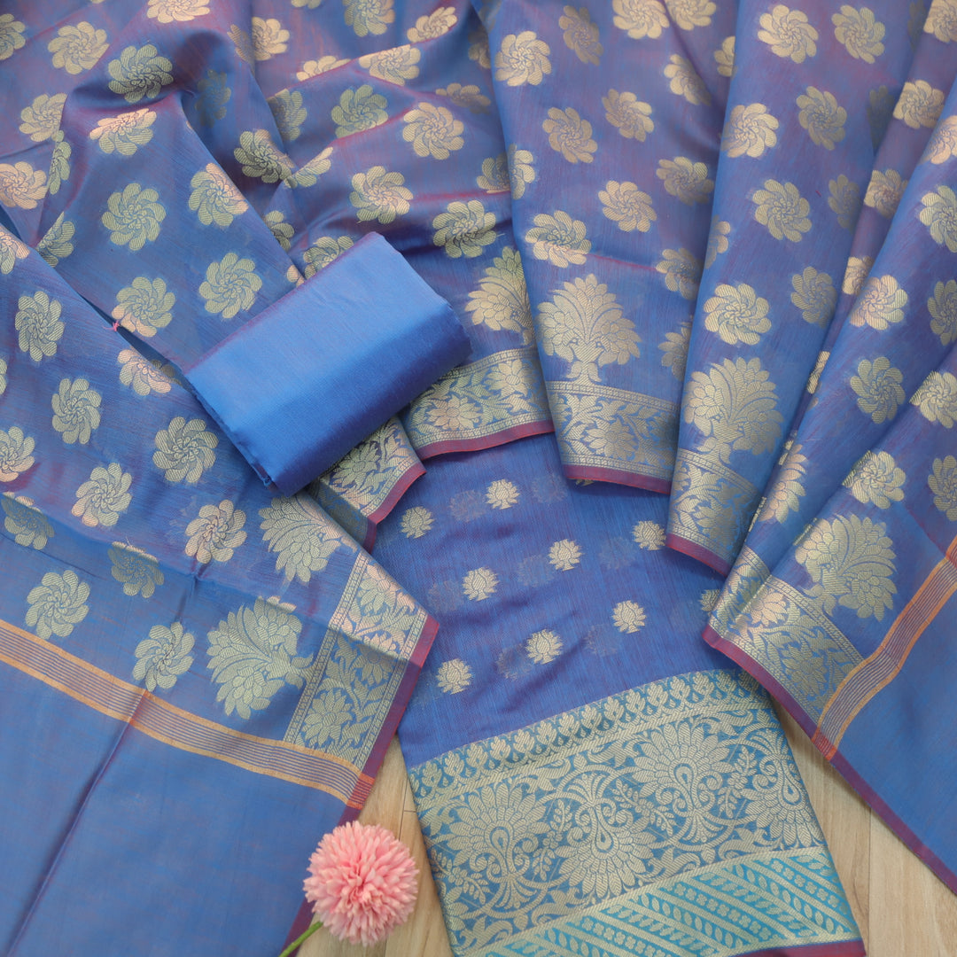 Ruaa Prussian Blue All Over Brocade Work details Handloom Chanderi Suit Set