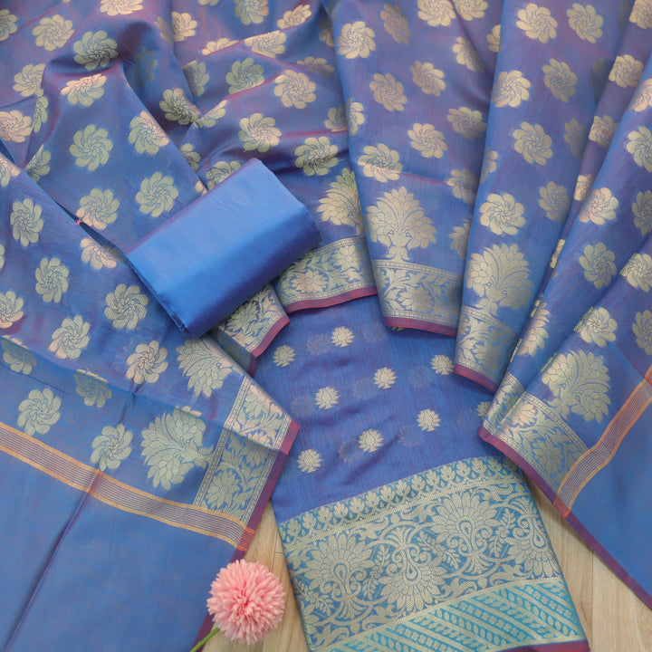 Ruaa Prussian Blue All Over Brocade Work details Handloom Chanderi Suit Set