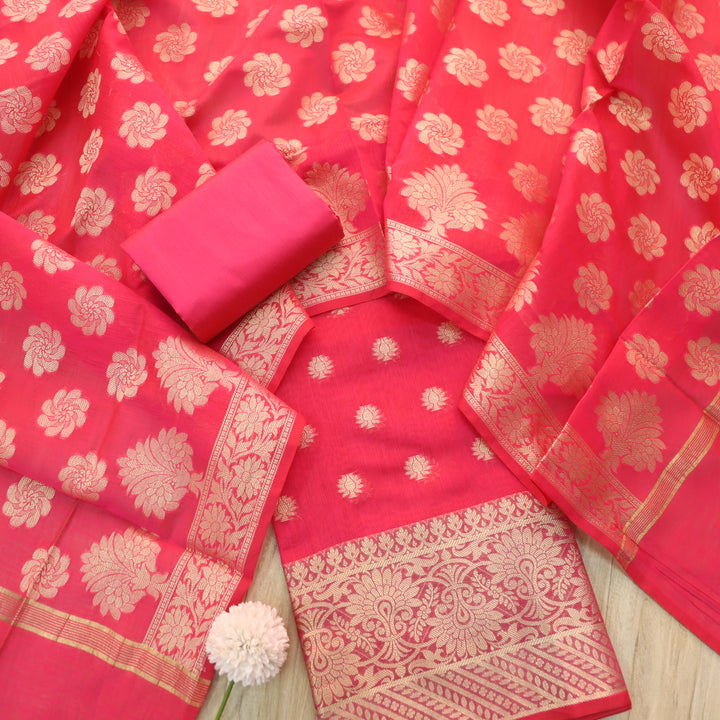 Ruaa Rani Pink All Over Brocade Work details Handloom Chanderi Suit Set