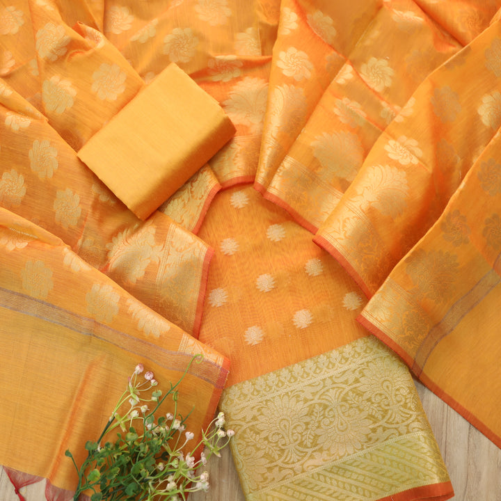 Ruaa Marigold Orange All Over Brocade Work details Handloom Chanderi Suit Set