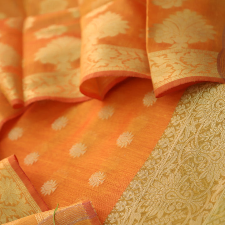 Ruaa Marigold Orange All Over Brocade Work details Handloom Chanderi Suit Set