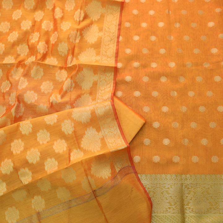 Ruaa Marigold Orange All Over Brocade Work details Handloom Chanderi Suit Set