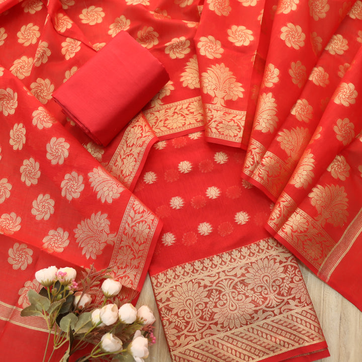 Ruaa Bride Red All Over Brocade Work details Handloom Chanderi Suit Set