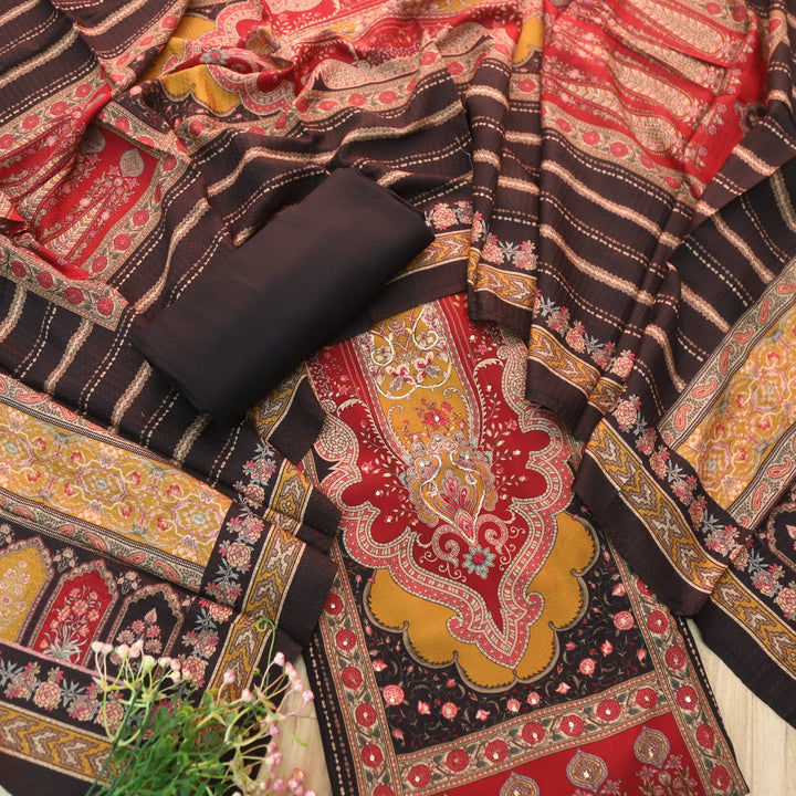 Garj Ebony Black Digital Print In Semi Pashmina Winter Suit Set-D3