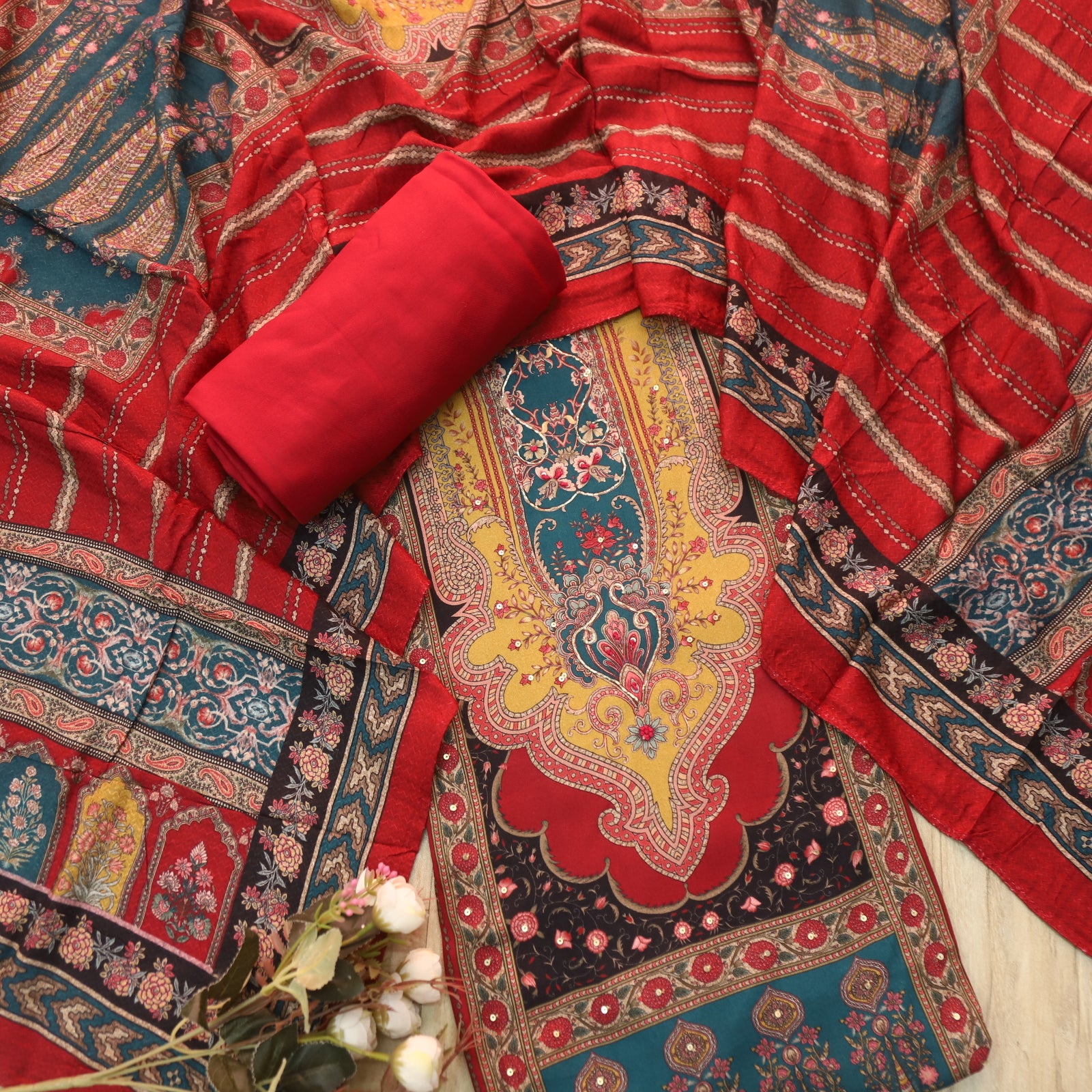 Garj Cherry Red Digital Printed Top with Red Bottom Semi Pashmina Suit ...