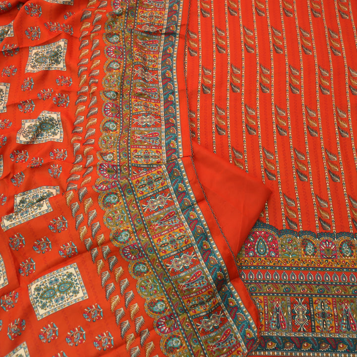 Bulaava Tangerine Orange  Digital Printed Semi Pashmina Winter Suit Set