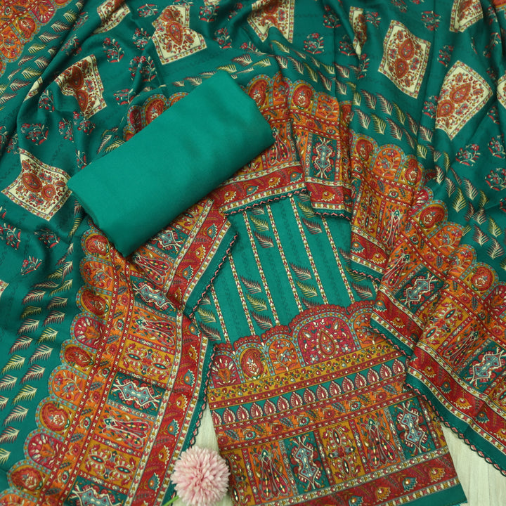 Bulaava Aqua Teal Digital Printed Semi Pashmina Winter Suit Set