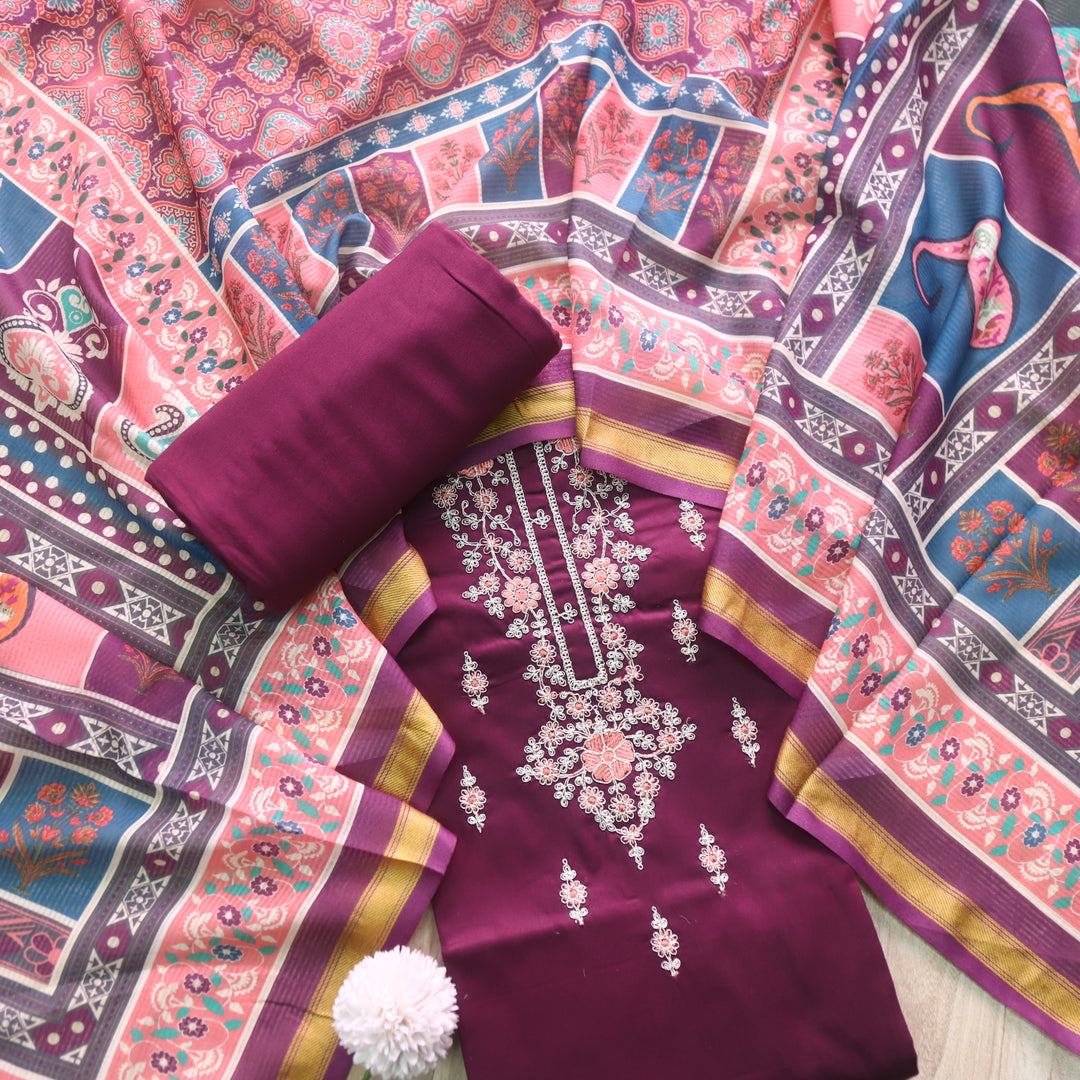 Sareen Raisin Purple Zari Neck Work with Thread Glazed Cotton Suit Set