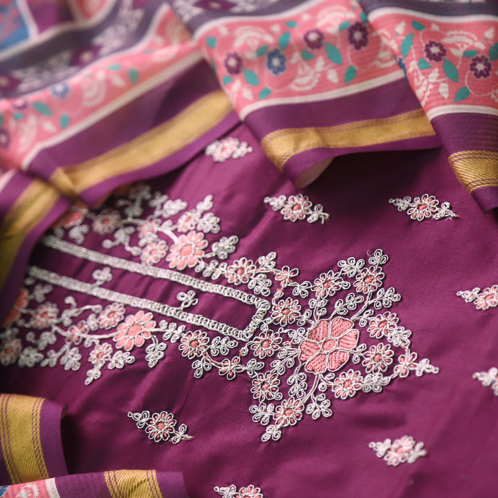 Sareen Raisin Purple Zari Neck Work with Thread Glazed Cotton Suit Set