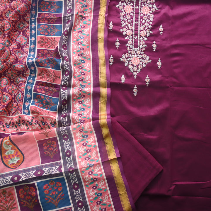 Sareen Raisin Purple Zari Neck Work with Thread Glazed Cotton Suit Set