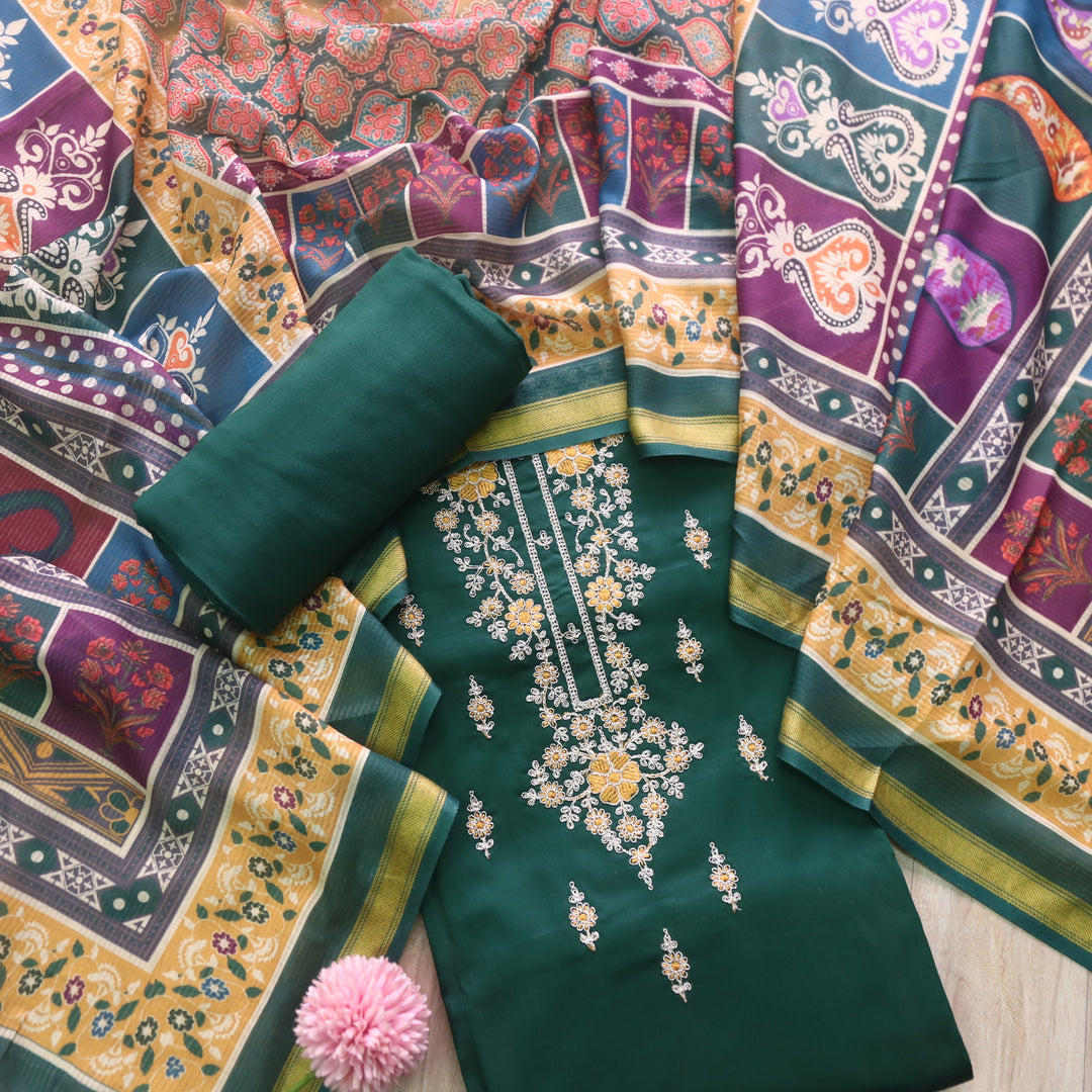 Sareen Sacramento Green Zari Neck Work with Thread Glazed Cotton Suit Set