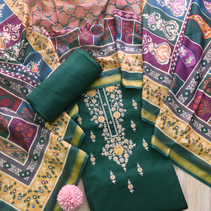 Sareen Sacramento Green Zari Neck Work with Thread Glazed Cotton Suit Set