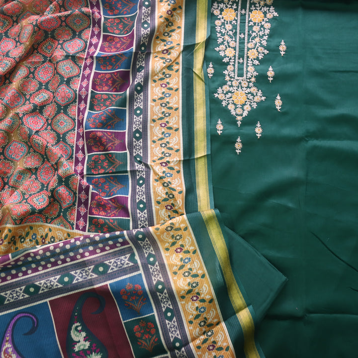 Sareen Sacramento Green Zari Neck Work with Thread Glazed Cotton Suit Set