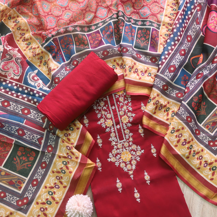 Sareen Maroon Red Zari Neck Work with Thread Glazed Cotton Suit Set