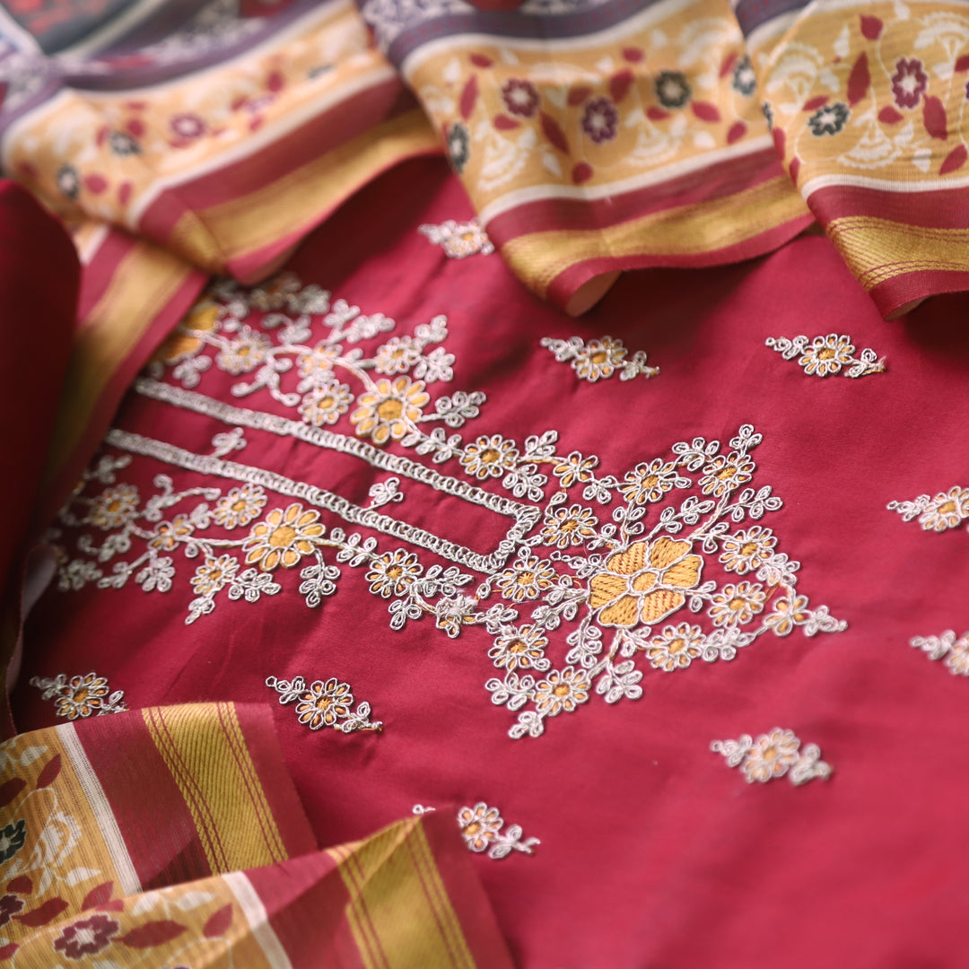 Sareen Maroon Red Zari Neck Work with Thread Glazed Cotton Suit Set