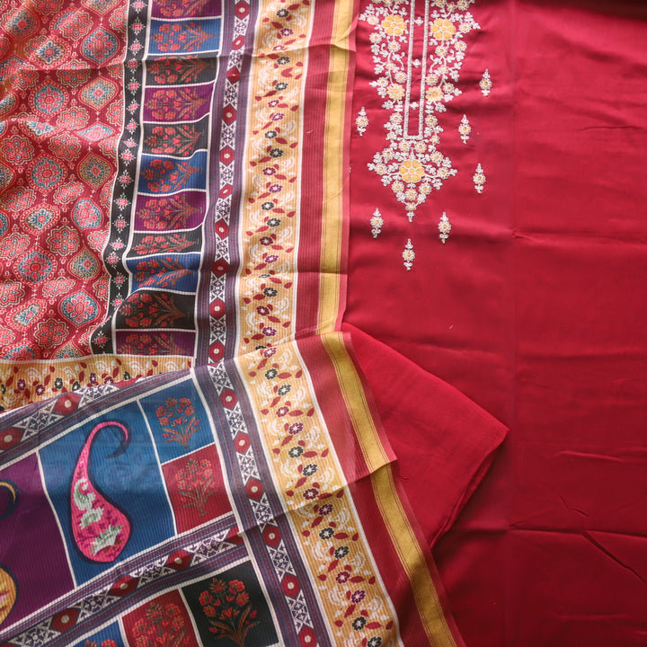 Sareen Maroon Red Zari Neck Work with Thread Glazed Cotton Suit Set