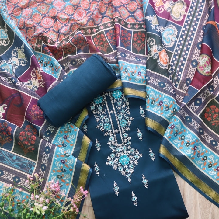 Sareen Navy Blue Zari Neck Work with Thread Glazed Cotton Suit Set