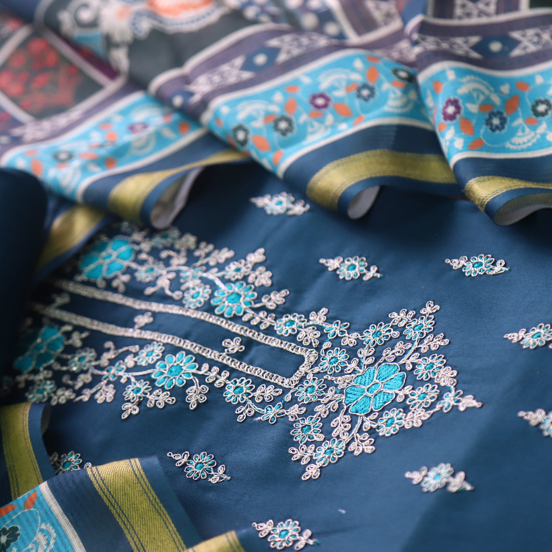Sareen Navy Blue Zari Neck Work with Thread Glazed Cotton Suit Set