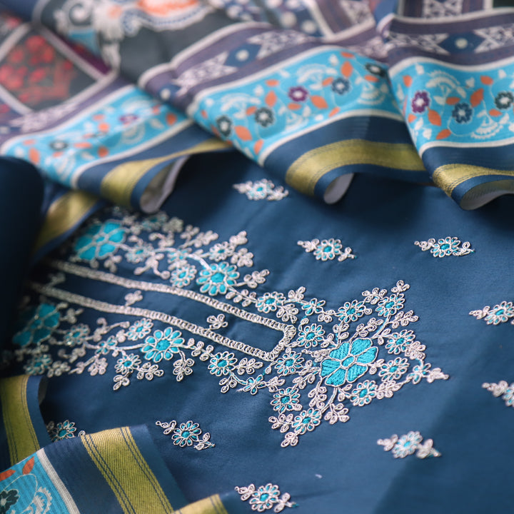 Sareen Navy Blue Zari Neck Work with Thread Glazed Cotton Suit Set