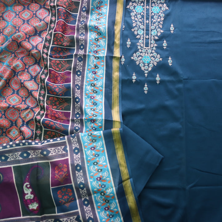 Sareen Navy Blue Zari Neck Work with Thread Glazed Cotton Suit Set