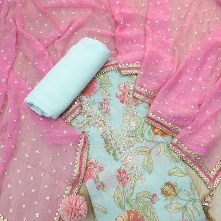 Ada Sky Blue V Neck Moti and Kardana Work Floral Print Chinon Suit Set