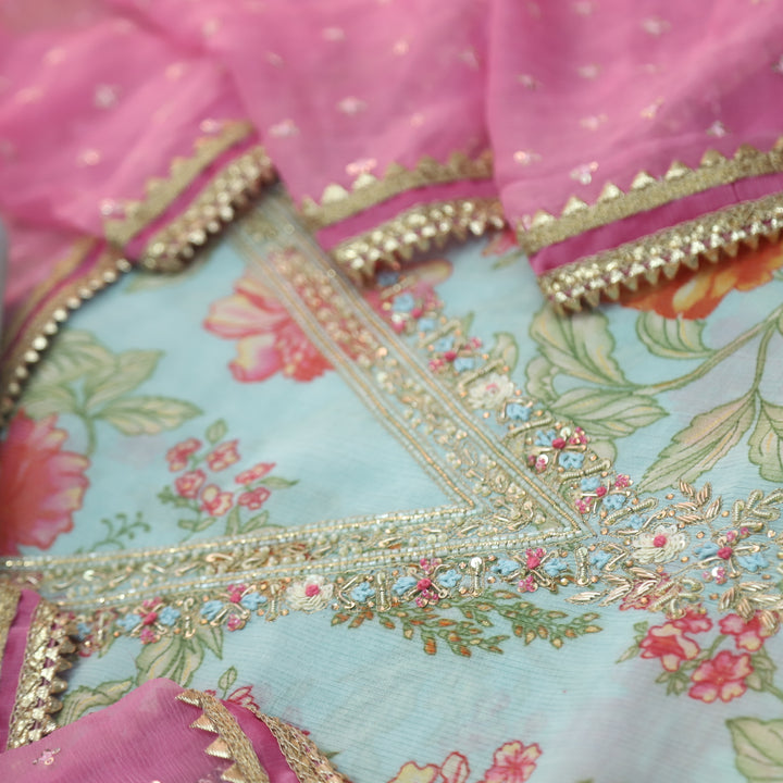 Ada Sky Blue V Neck Moti and Kardana Work Floral Print Chinon Suit Set