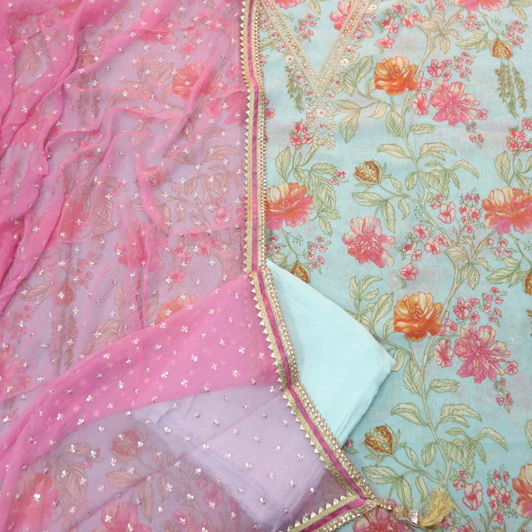Ada Sky Blue V Neck Moti and Kardana Work Floral Print Chinon Suit Set