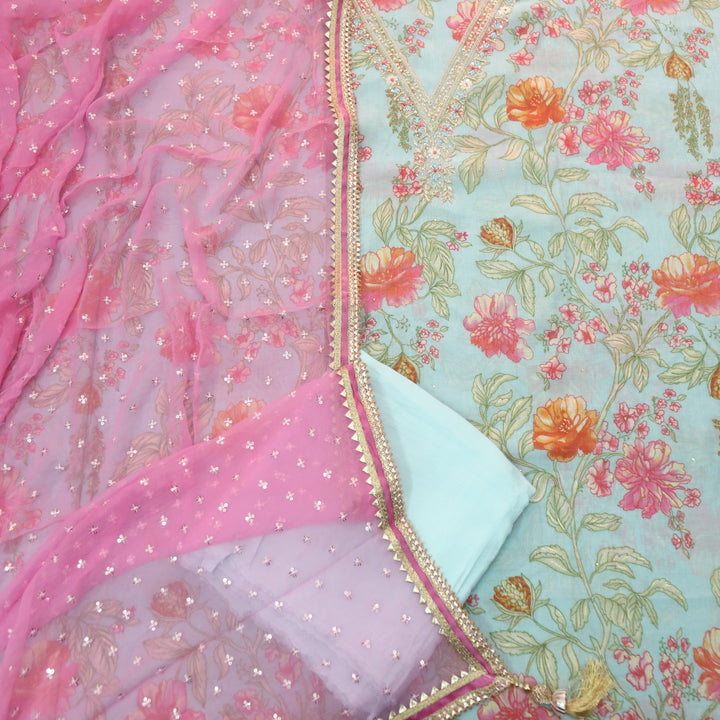 Ada Sky Blue V Neck Moti and Kardana Work Floral Print Chinon Suit Set