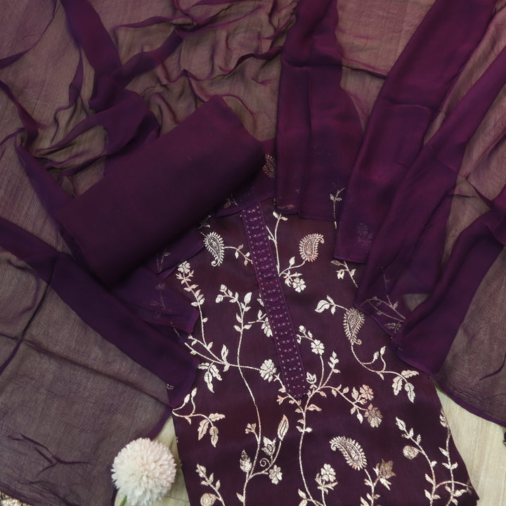 Hairat Raisin Purple All Over Embellished Zari Work Dola Silk Suit Set