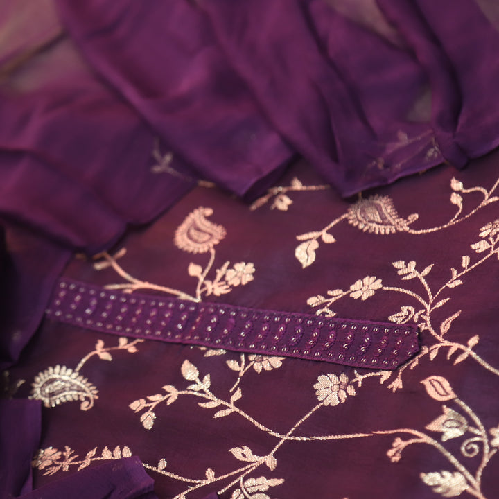 Hairat Raisin Purple All Over Embellished Zari Work Dola Silk Suit Set