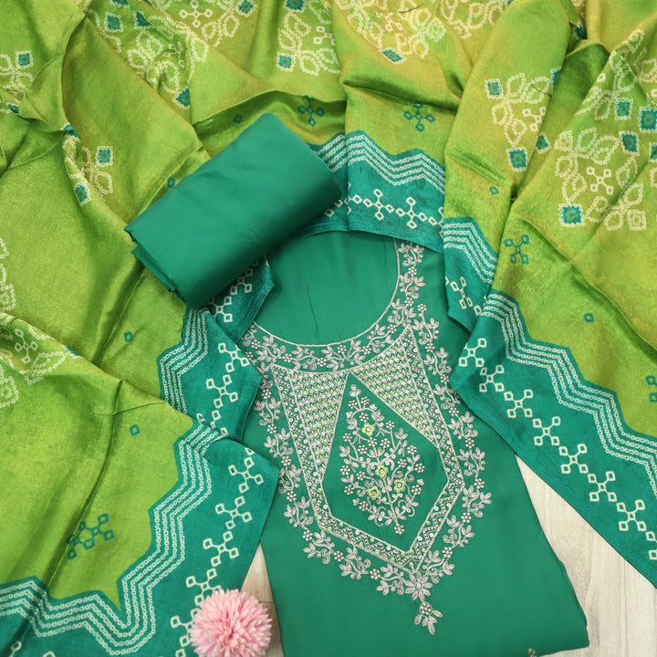 Afreen Emerald Green Zari Work Neck Embroidery Modal Suit Set