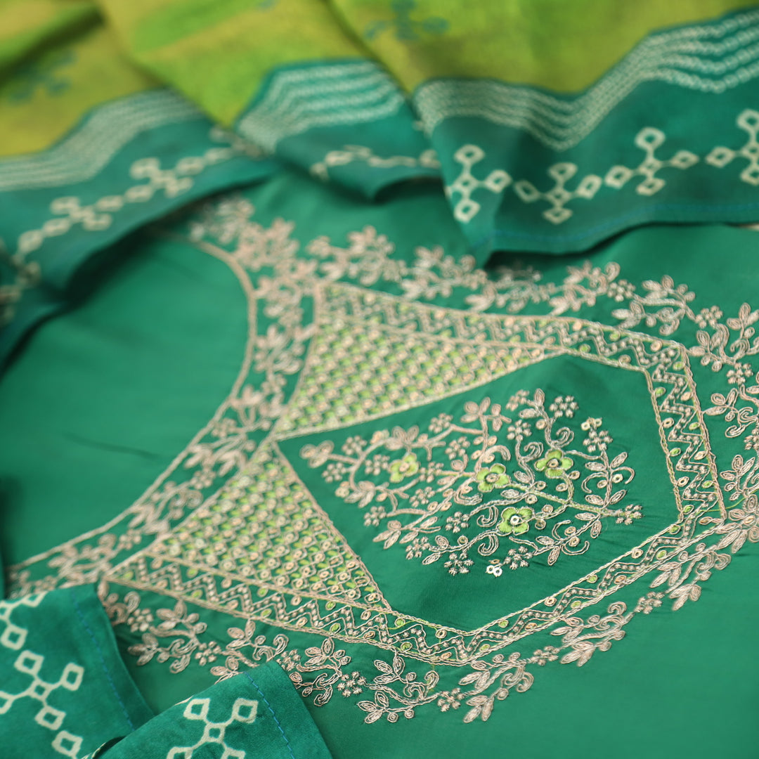 Afreen Emerald Green Zari Work Neck Embroidery Modal Suit Set