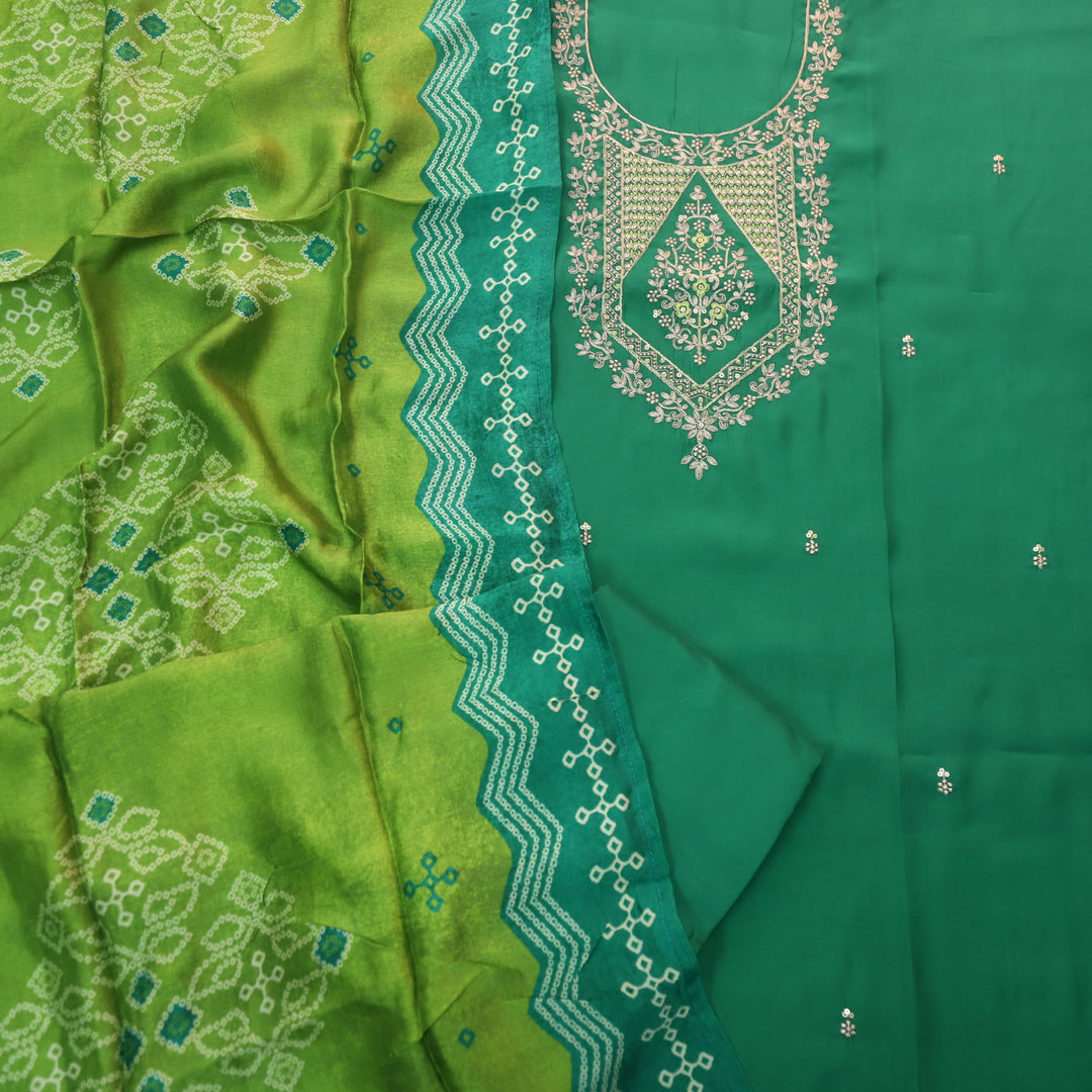 Afreen Emerald Green Zari Work Neck Embroidery Modal Suit Set