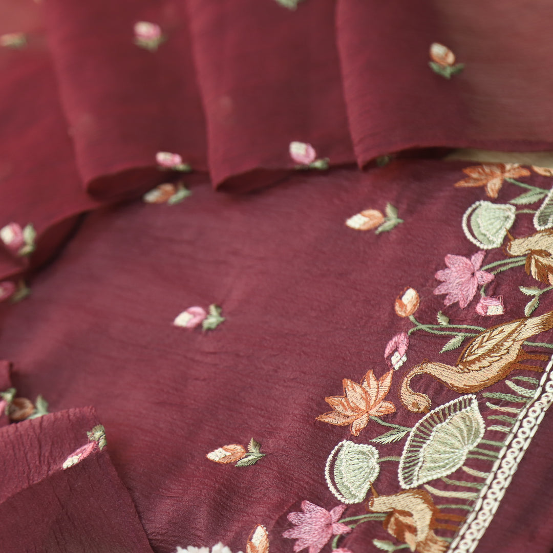 Falak Plum Purple Thread Embroidered Hem Crush Tissue Silk Suit Set D1